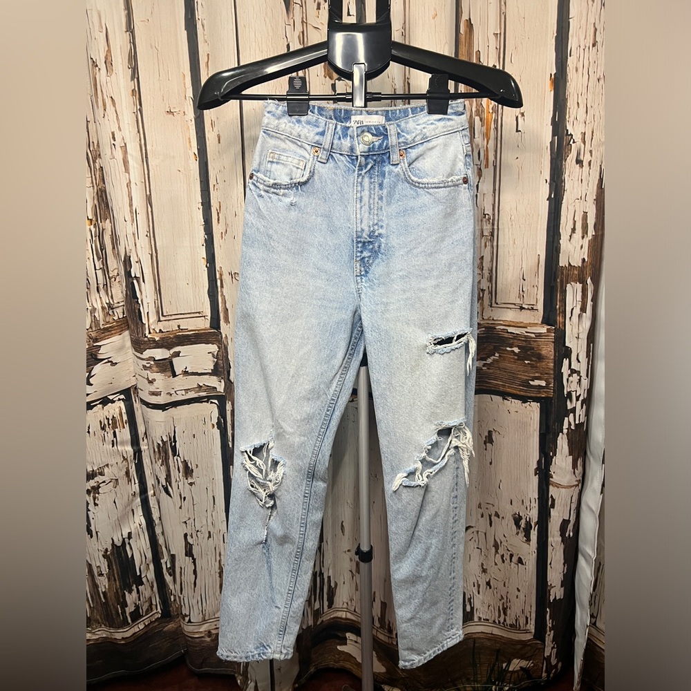 Zara Light Blue Distressed Straight Leg Jeans